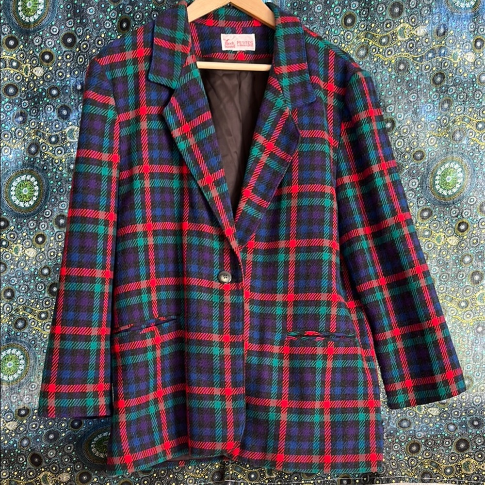 Vintage Plaid Wool Blazer Jacket - Red, Purple & Green Tartan